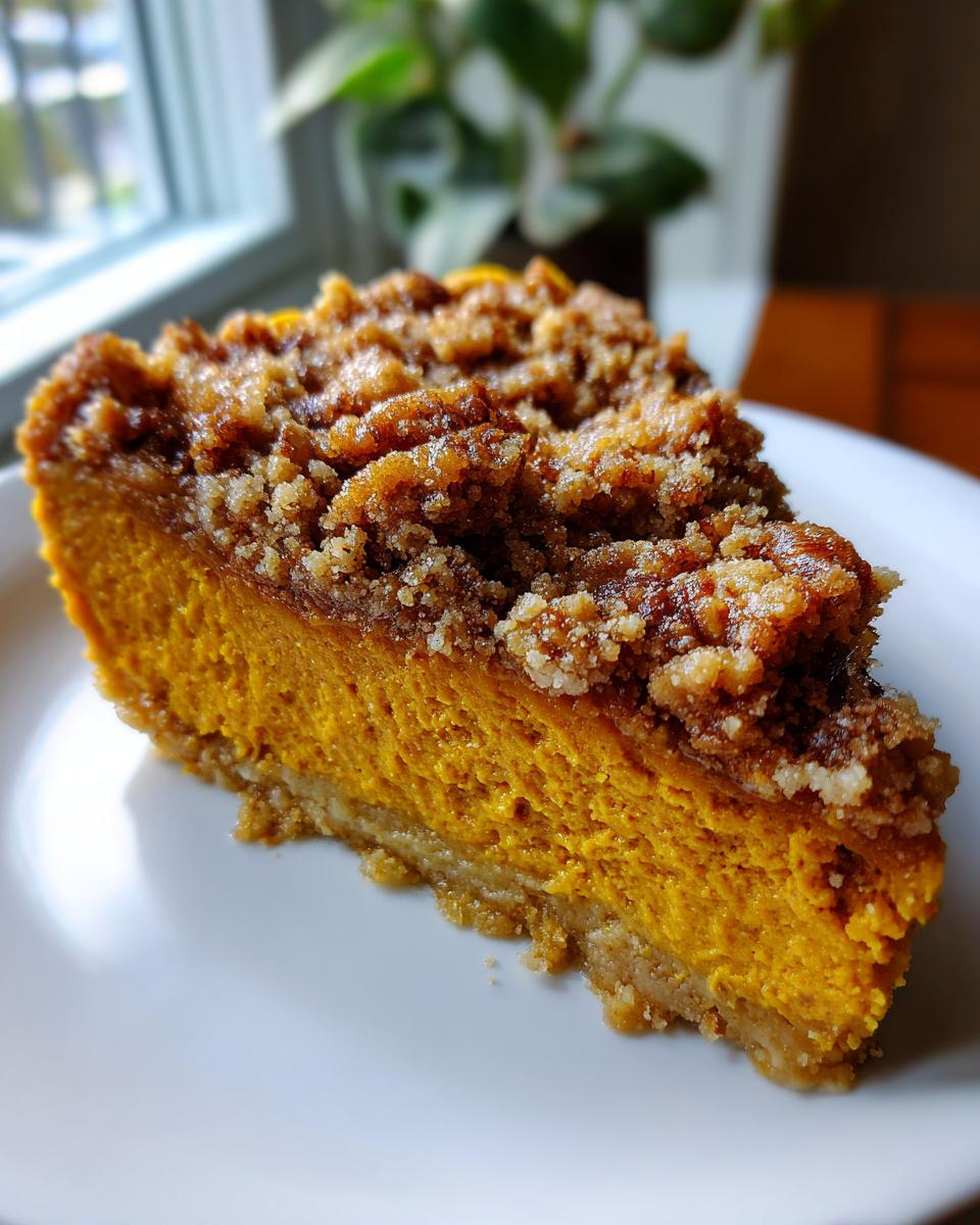 A rich, orange slice of southern sweet potato casserole topped with a crunchy brown sugar streusel, served on a white plate.