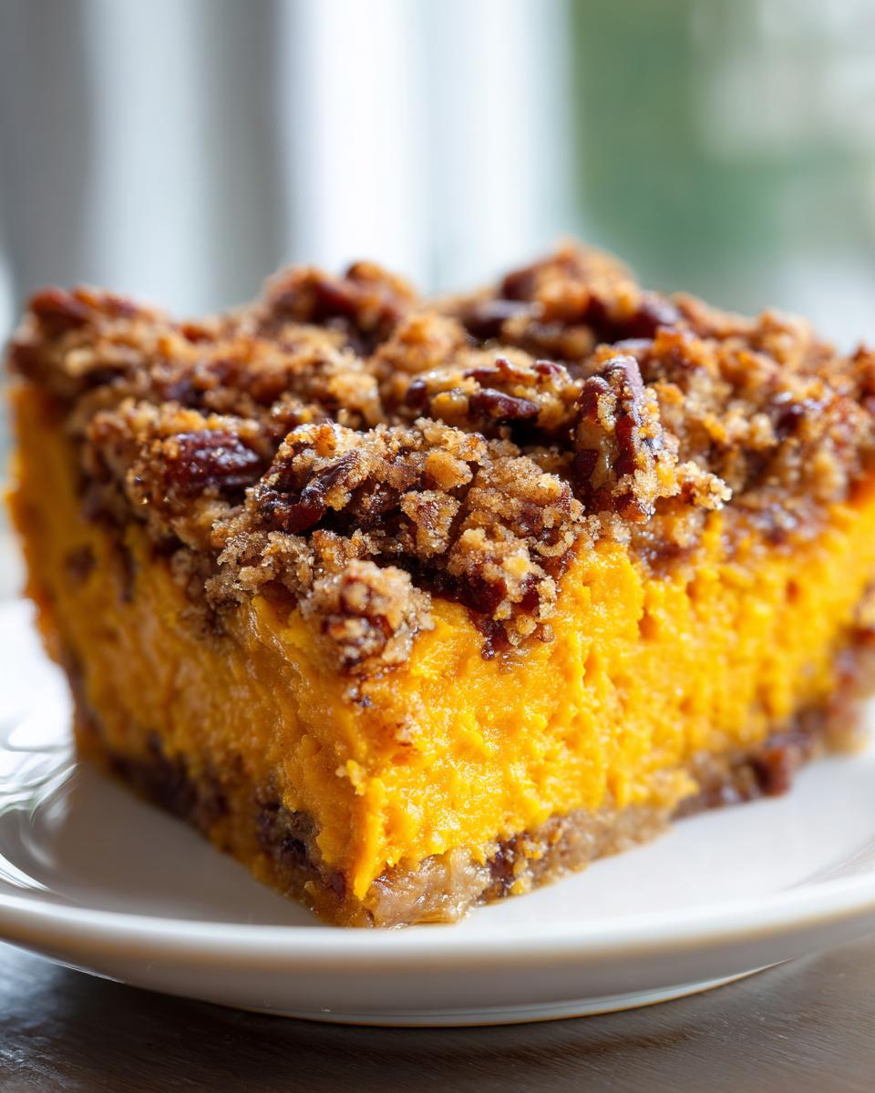 Close-up of a rich slice of Southern sweet potato casserole featuring a thick, creamy orange filling and a crunchy pecan streusel topping.