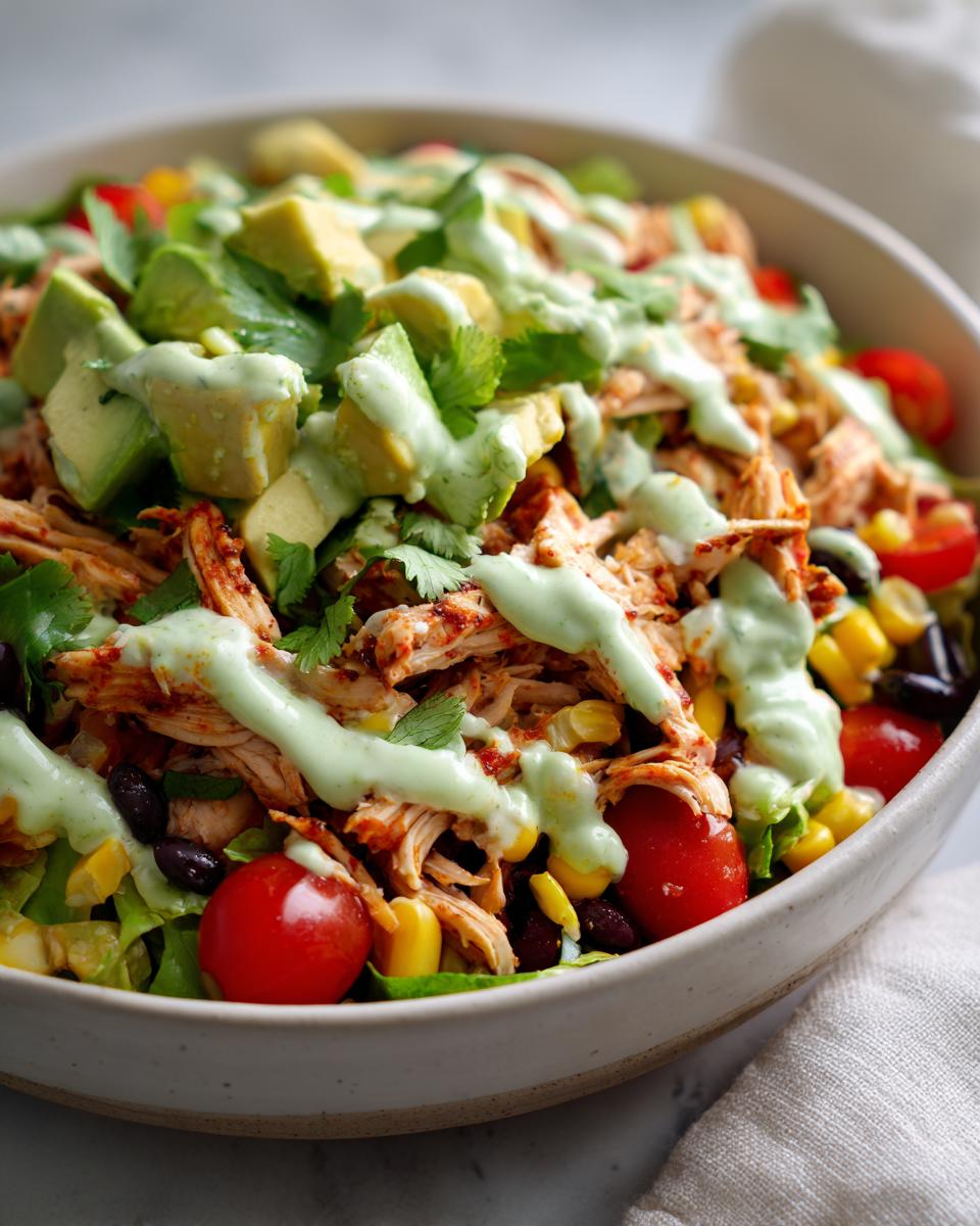 A vibrant bowl of southwest chicken salad topped with shredded seasoned chicken, avocado chunks, and a creamy green dressing.