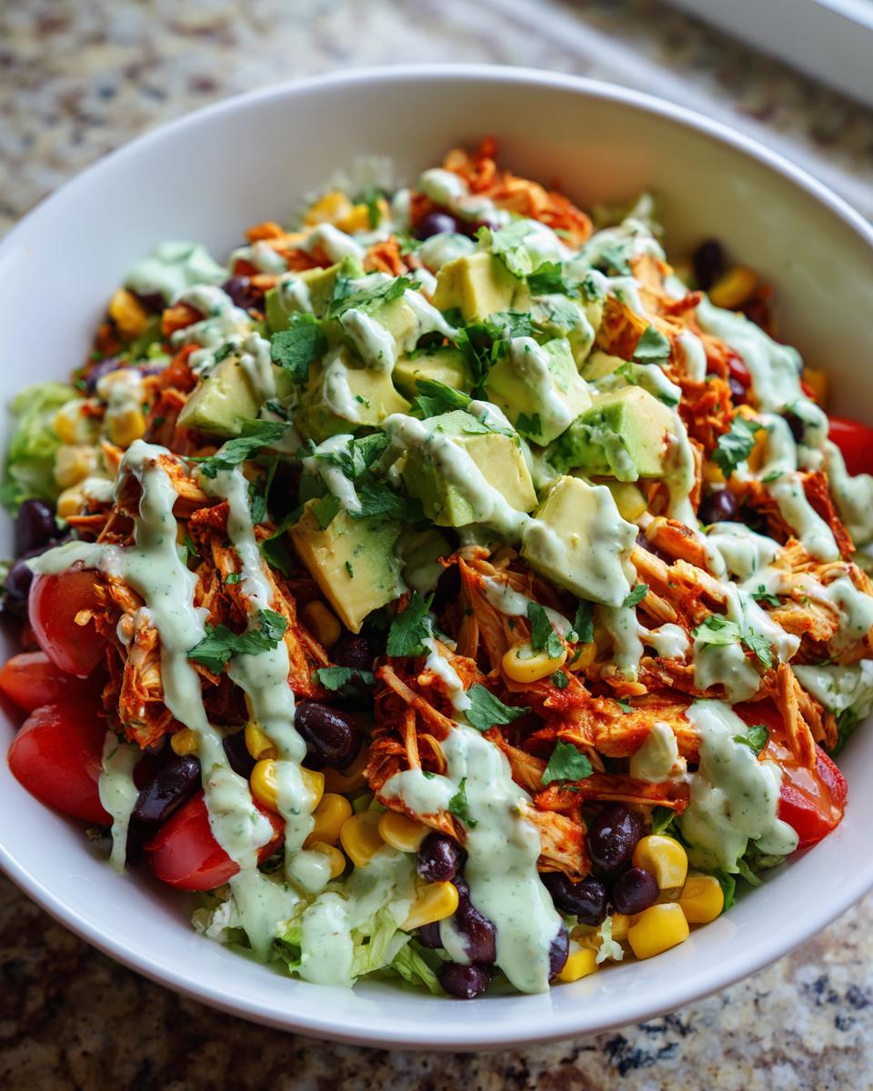 A vibrant bowl of Southwest chicken salad topped with shredded chicken, black beans, corn, avocado chunks, and a creamy green dressing.