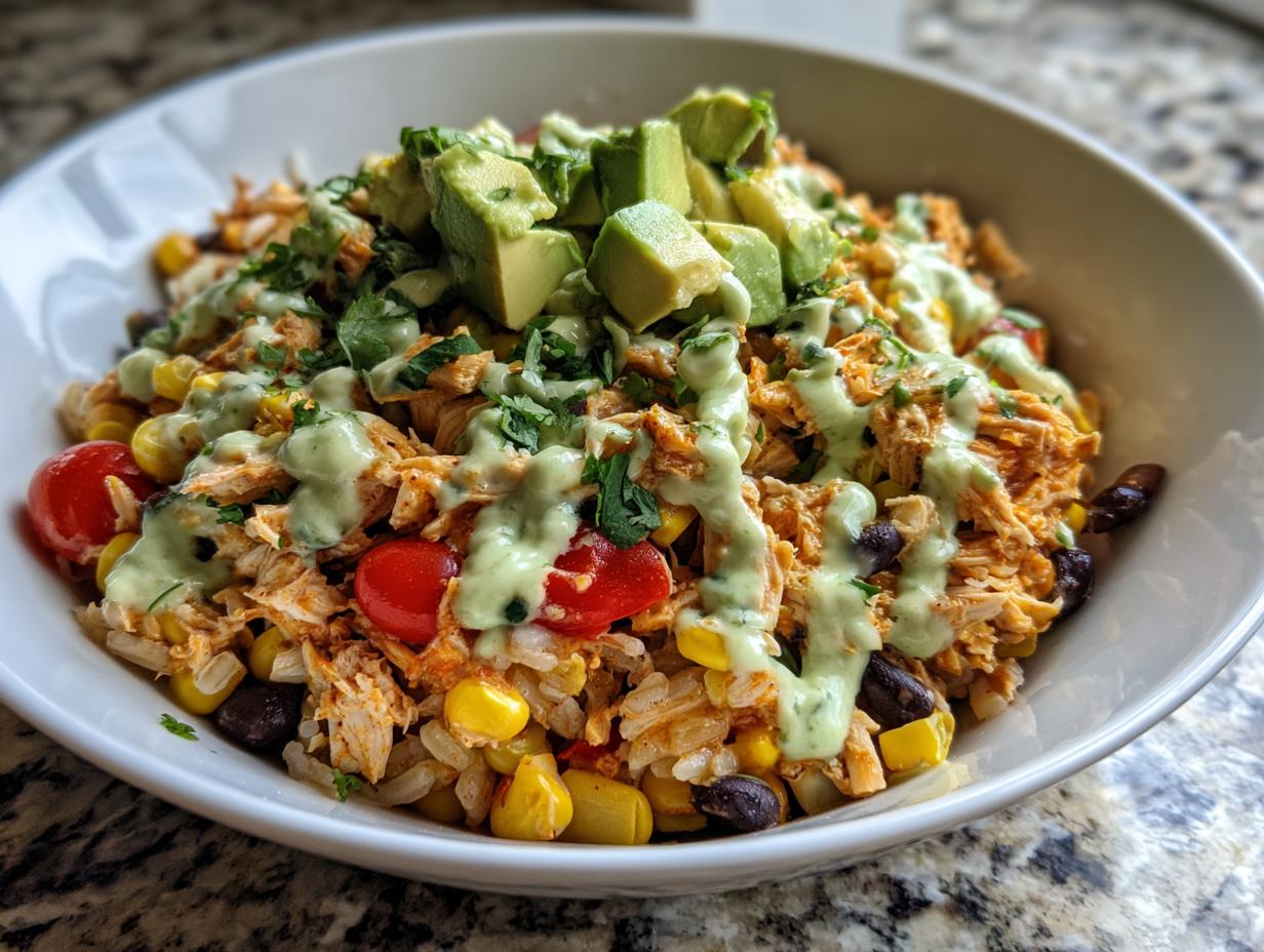 Close-up of a colorful southwest chicken salad featuring shredded chicken, corn, black beans, tomatoes, and avocado, drizzled with green dressing.