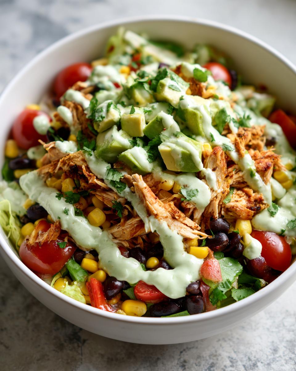 A vibrant bowl of Southwest chicken salad featuring shredded seasoned chicken, black beans, corn, tomatoes, and avocado, topped with creamy green dressing.