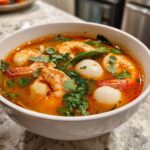 A close-up of vibrant, spicy Tom Yum soup filled with large shrimp, white fish balls, and fresh cilantro.