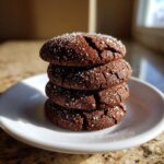 A stack of four dark chocolate ginger molasses cookies rolled in coarse sugar, sitting on a white plate.