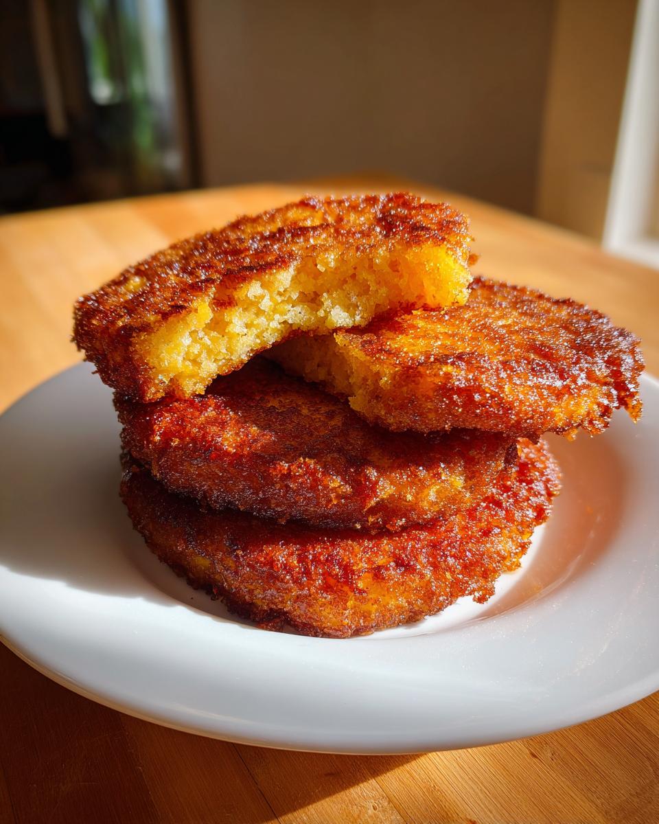 A stack of four golden brown, crispy fried cornbread rounds on a white plate, with the top one broken open.