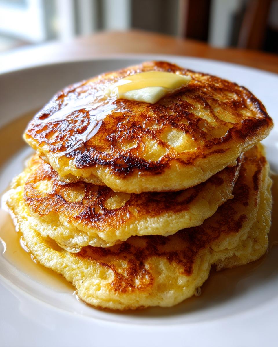 Close-up of a stack of three fluffy old fashioned pancakes topped with melting butter and drizzled with syrup.