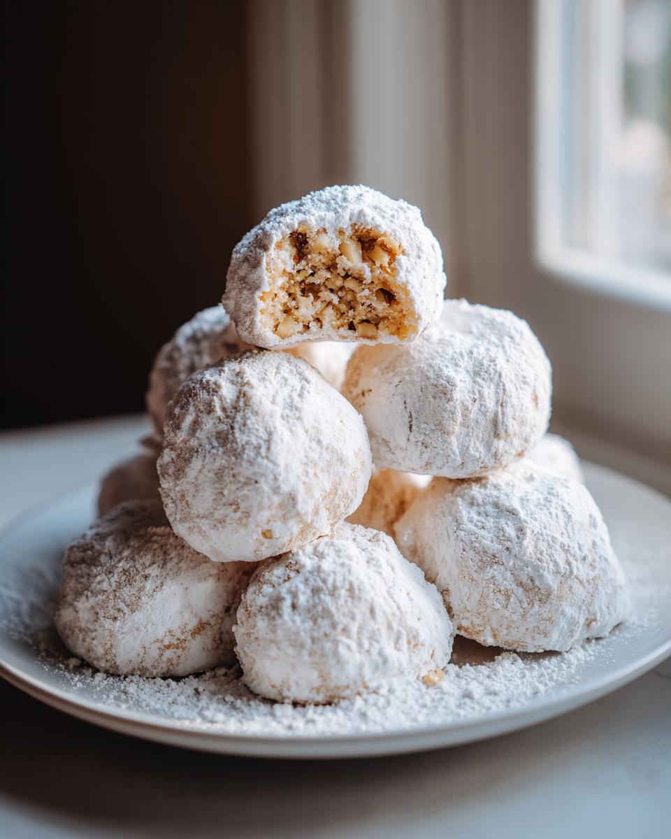 A stack of freshly baked russian tea cakes heavily dusted with powdered sugar, one cookie on top is broken open showing the nutty interior.