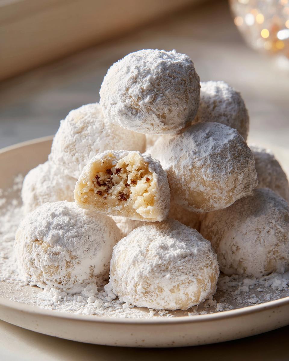 A close-up of a stack of buttery russian tea cakes heavily dusted with powdered sugar, one cookie is broken to show the nutty interior.