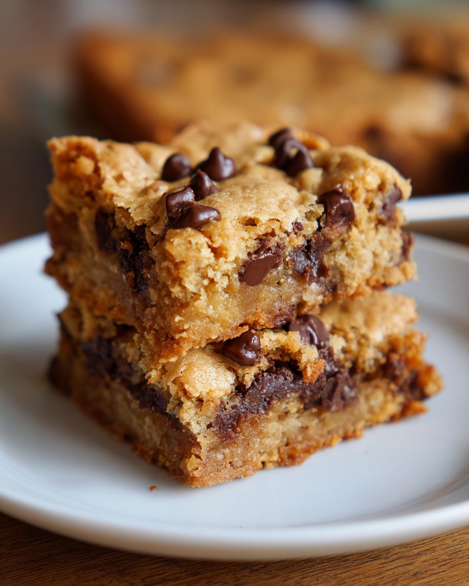 Two stacked, thick chocolate chip cake mix cookie bars with gooey centers on a white plate.