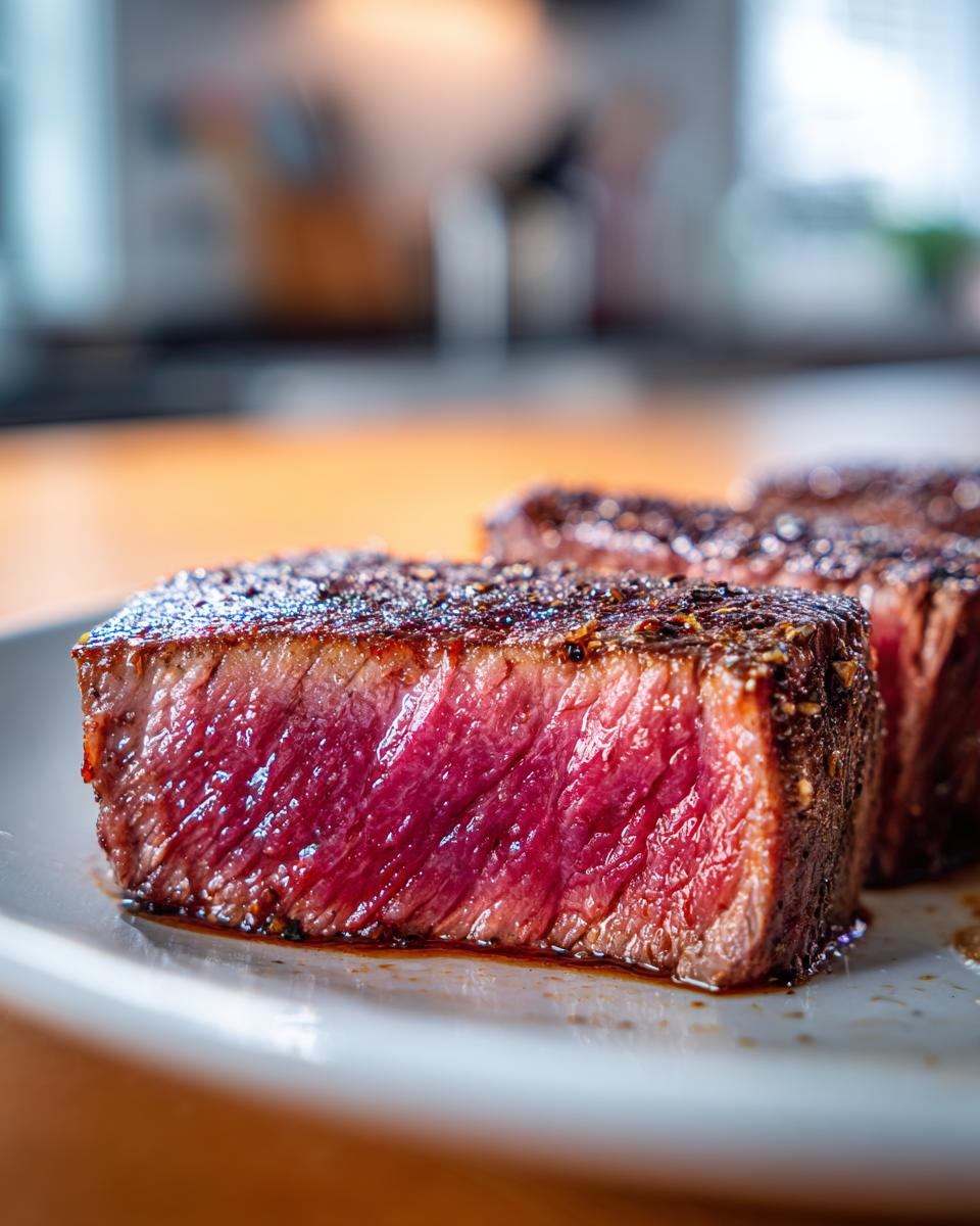 Close-up of a thick-cut steak cooked rare to medium-rare, showing a vibrant red interior after using the MARINADE FOR TUNA STEAK.