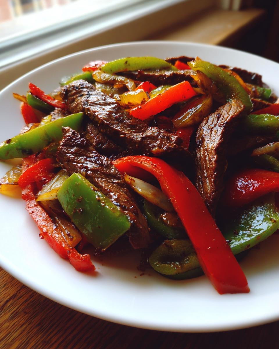 Close-up of perfectly cooked steak fajitas mixed with bright red, green, and yellow bell peppers and onions on a white plate.