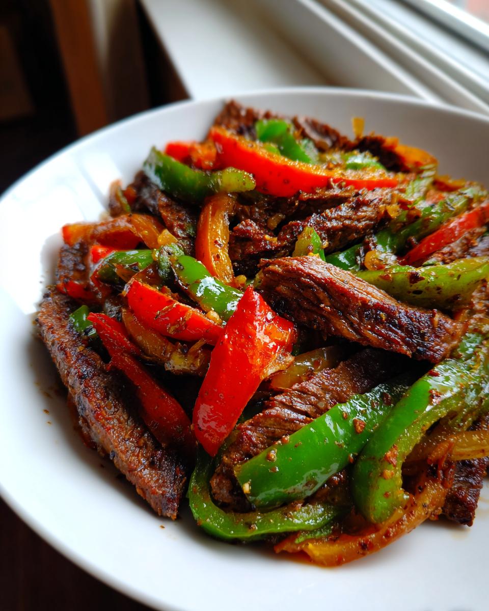 Close-up of sizzling steak fajitas featuring strips of seasoned steak mixed with bright red and green bell peppers.