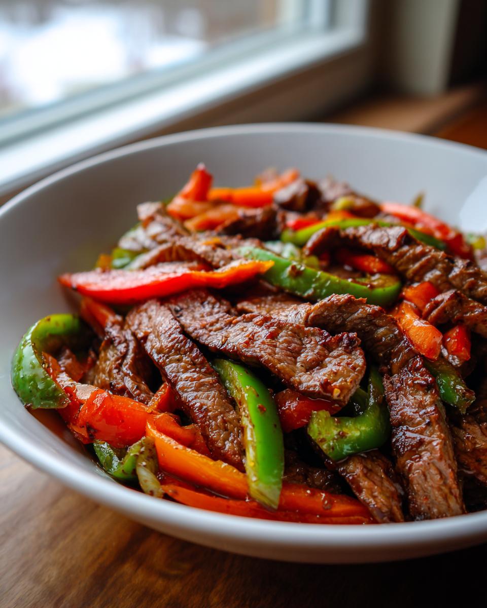 Close-up of seasoned, sliced steak mixed with vibrant red and green bell peppers in a white bowl, ready for steak fajitas.