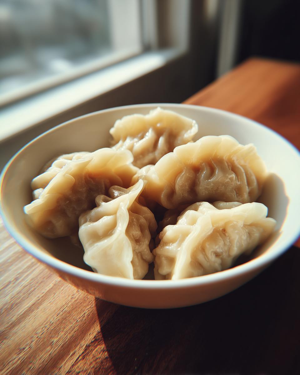 A close-up of several freshly steamed Traditional Chinese Dumplings resting in a small white bowl near a window.