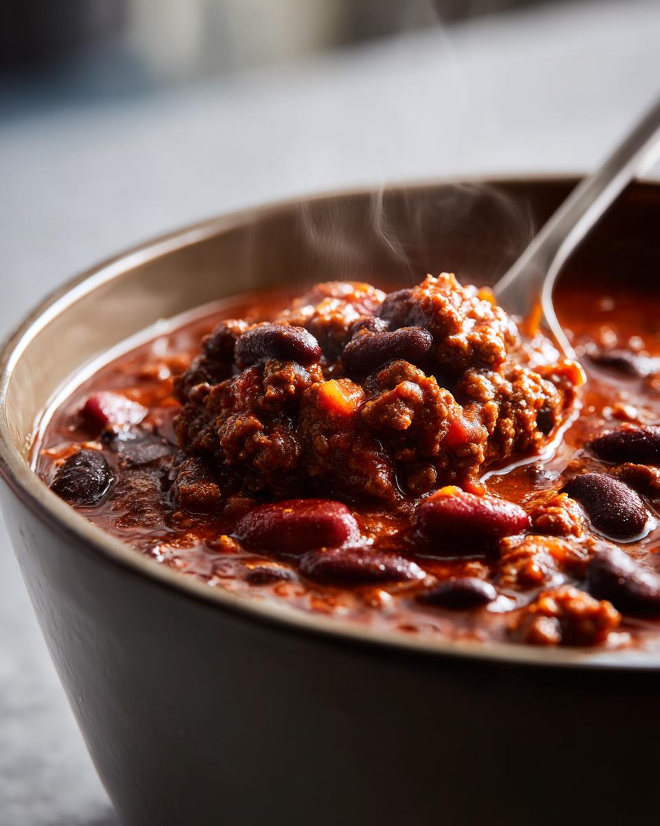 Close-up of a steaming bowl containing the best chili recipe, loaded with ground meat and kidney beans in a rich red sauce.