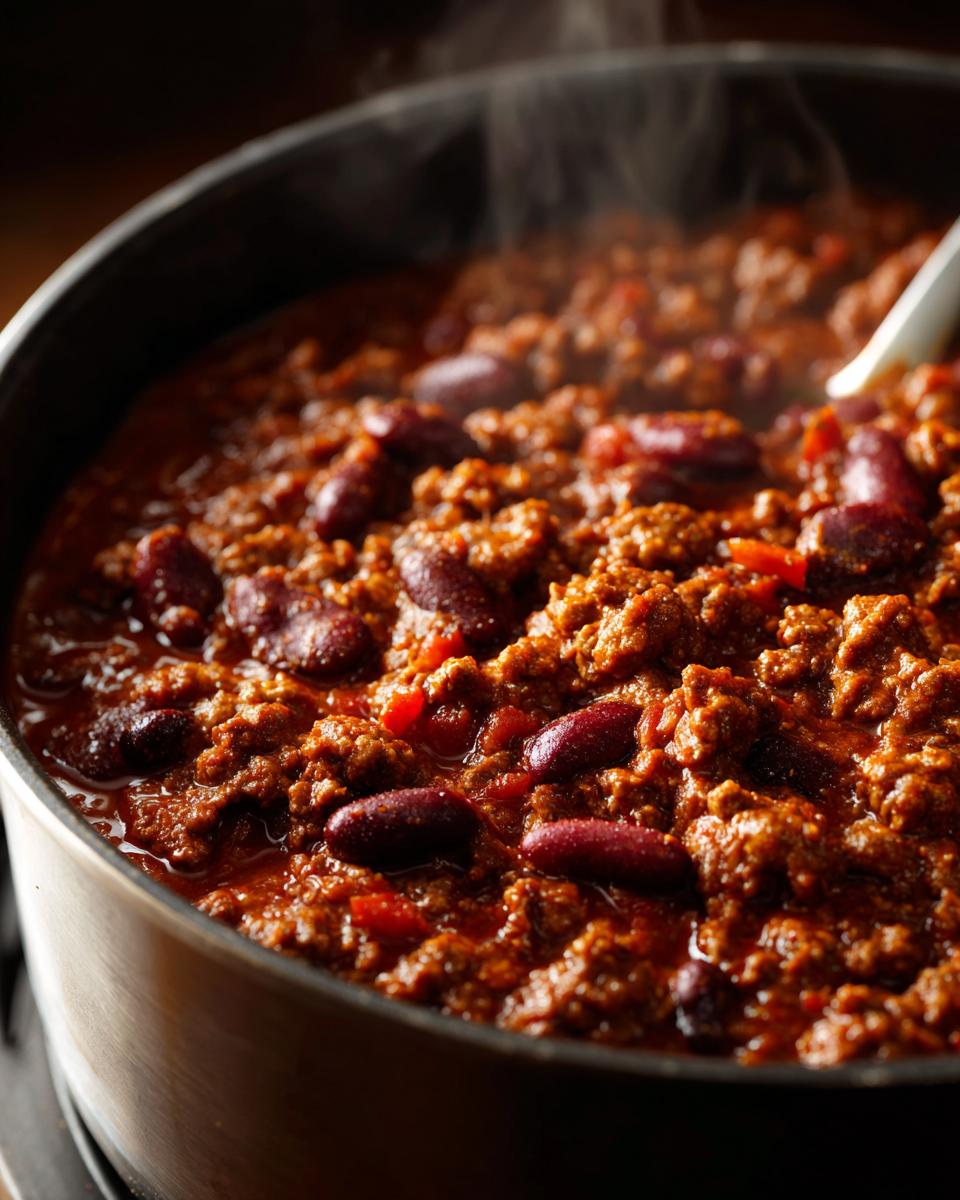 Close-up of a rich, steaming pot of chili con carne with ground meat and kidney beans, central to the best chili recipe.