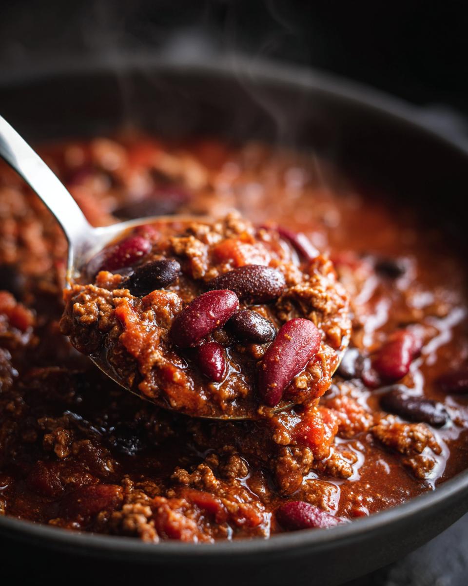A metal ladle lifting a scoop of steaming, rich chili filled with ground meat and kidney beans from a dark bowl.