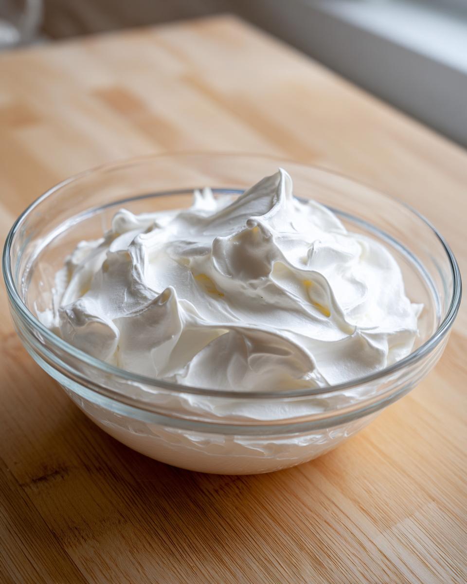 A clear glass bowl filled with stiff, bright white peaks of freshly mixed royal icing recipe.