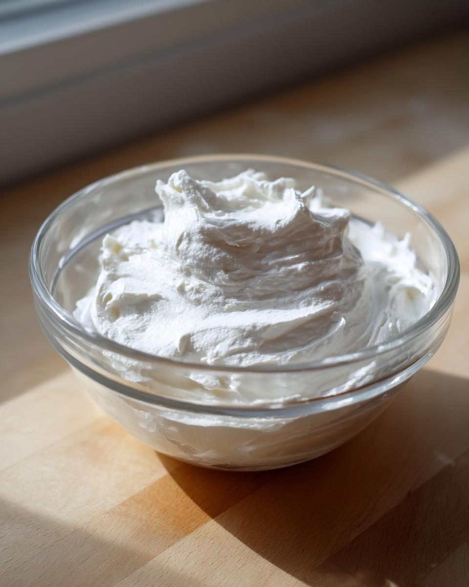 A clear glass bowl filled with thick, bright white, stiff royal icing recipe mixture.