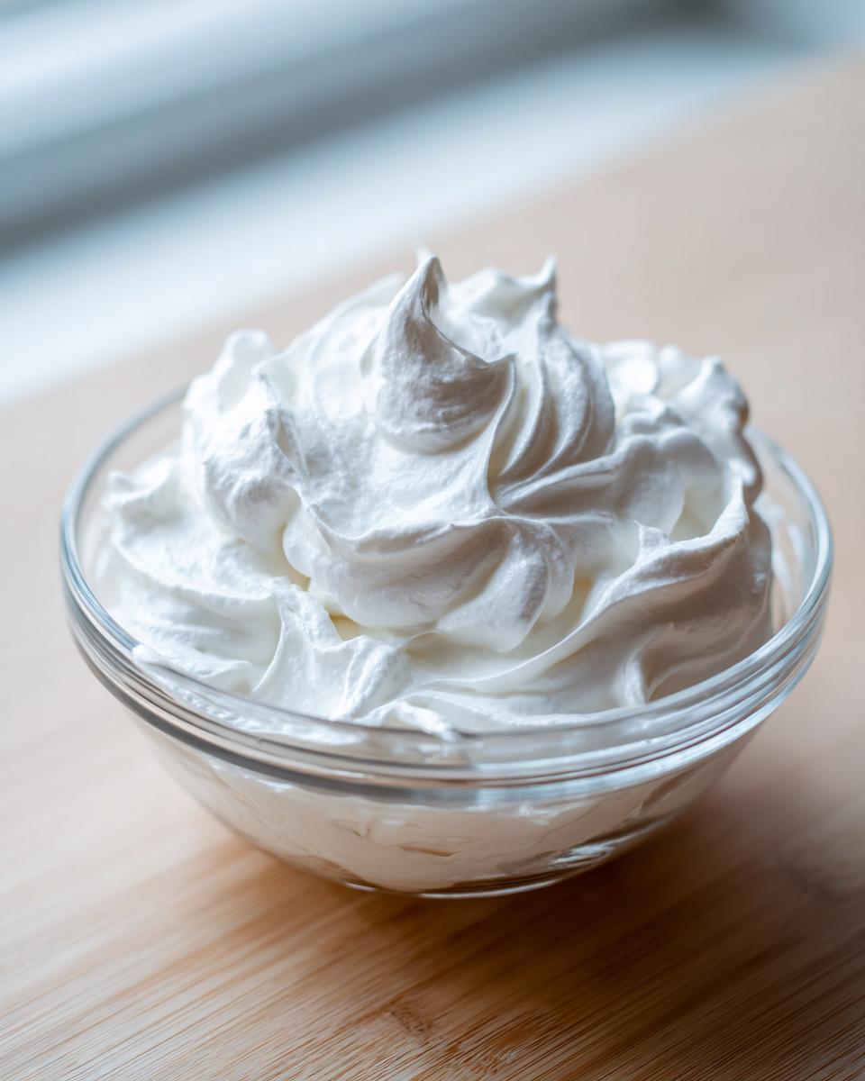 Close-up of stiff, bright white royal icing recipe mixture piped into soft peaks inside a clear glass bowl.