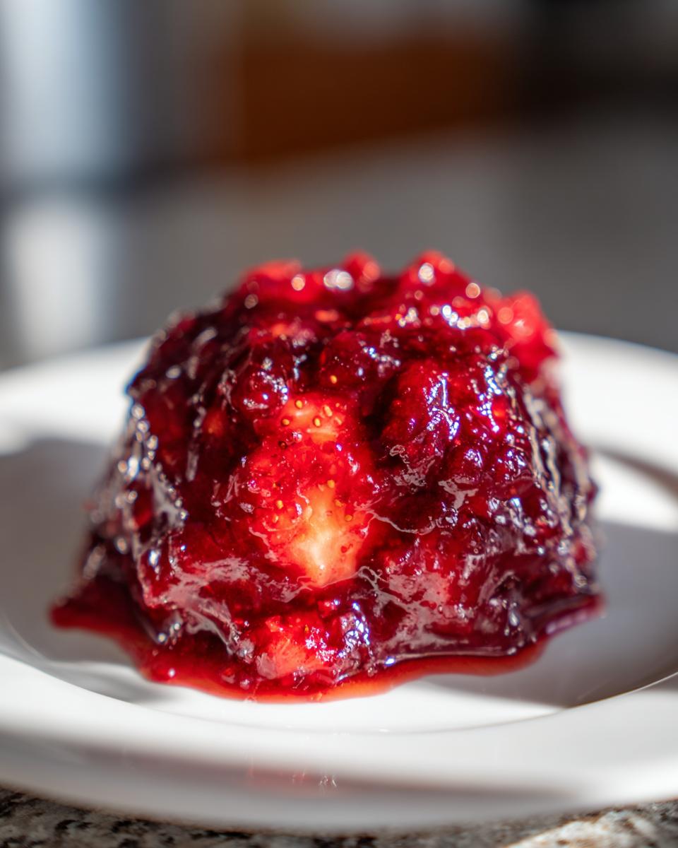 A glistening mound of thick, ruby-red strawberry christmas jam served on a white plate.