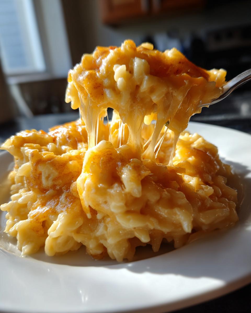 A spoonful of incredibly cheesy rice is lifted from a plate, showing long, gooey cheese pulls of the amazing cheesy rice.