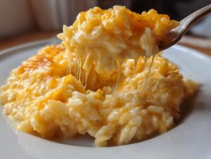 A spoonful of creamy, cheesy rice lifts away from the main serving, showing long, delicious cheese pulls.