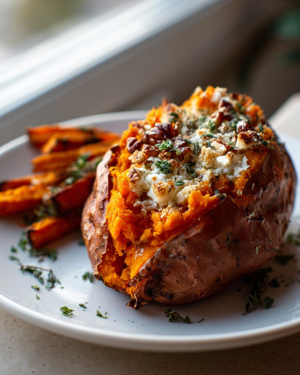 A baked and stuffed sweet potatoes, topped with white cheese, nuts, and fresh thyme, served with sweet potato fries.