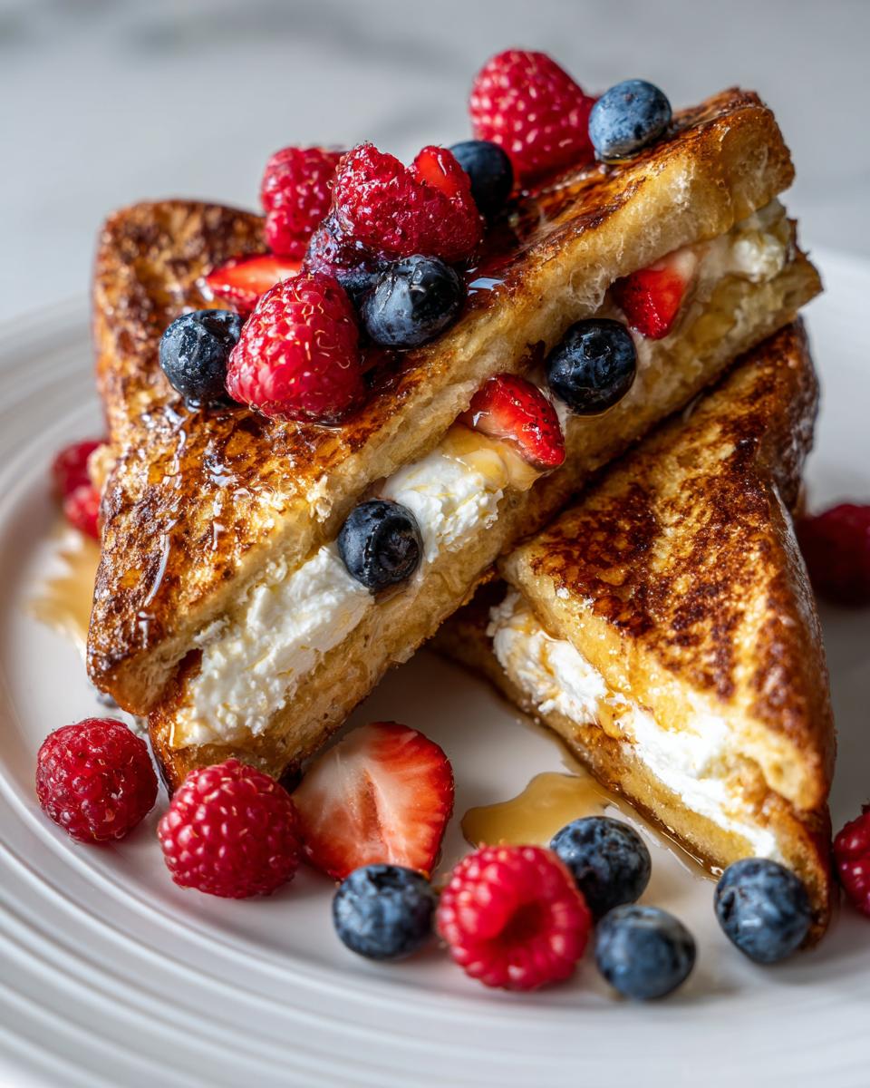 Close-up of stacked, golden brown stuffed French toast filled with cream cheese and topped with fresh raspberries, blueberries, and strawberries.