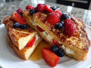 Two halves of cream cheese stuffed french toast topped with strawberries, blueberries, and raspberries, drizzled with syrup.