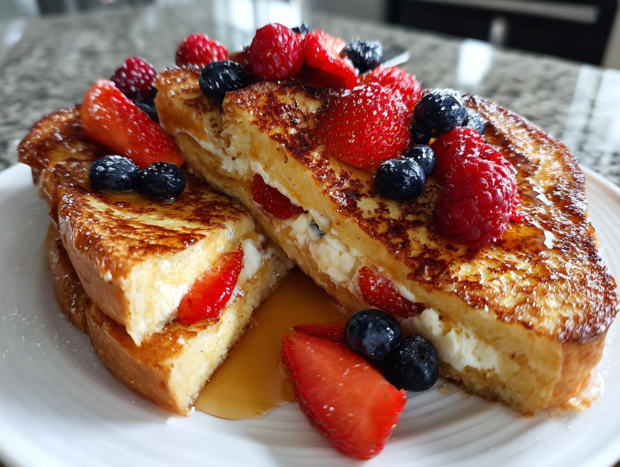 Two halves of cream cheese stuffed french toast topped with strawberries, blueberries, and raspberries, drizzled with syrup.