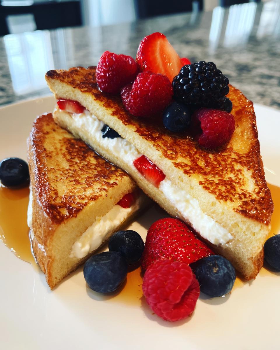 Two halves of cream cheese stuffed french toast topped with fresh raspberries, blueberries, and strawberries, drizzled with syrup.