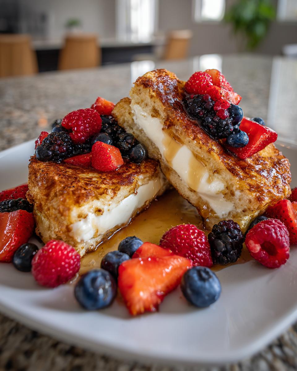 Two halves of golden brown stuffed French toast filled with cream cheese, topped with fresh berries and syrup.