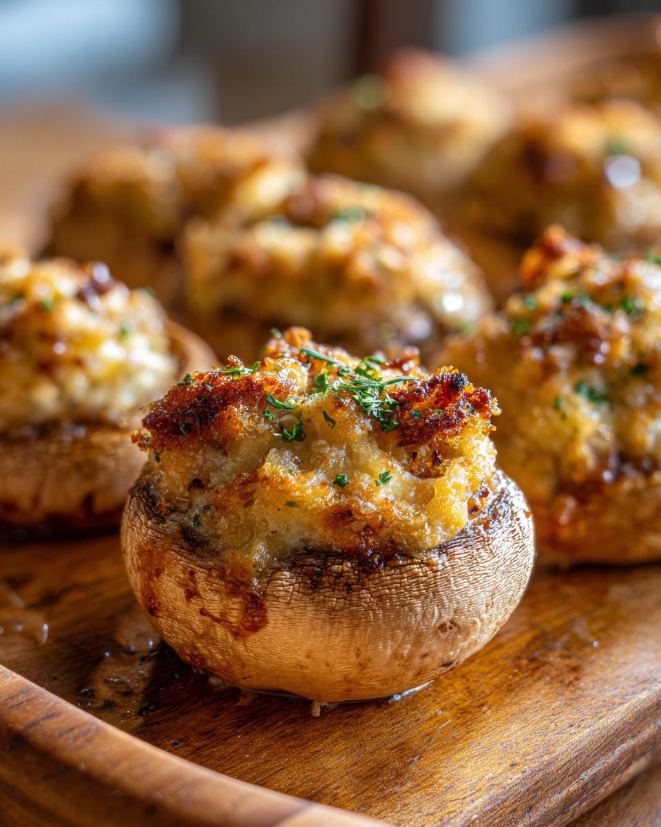A close-up of a perfectly baked stuffed mushroom with a golden-brown, cheesy topping, part of a batch of stuffed mushrooms.