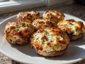 Six perfectly baked stuffed mushrooms recipe with golden, cheesy tops sprinkled with parsley on a white plate.