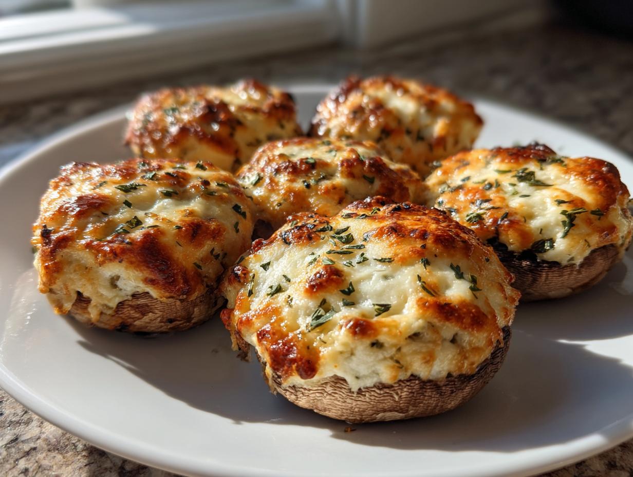Six perfectly baked stuffed mushrooms recipe with golden, cheesy tops sprinkled with parsley on a white plate.