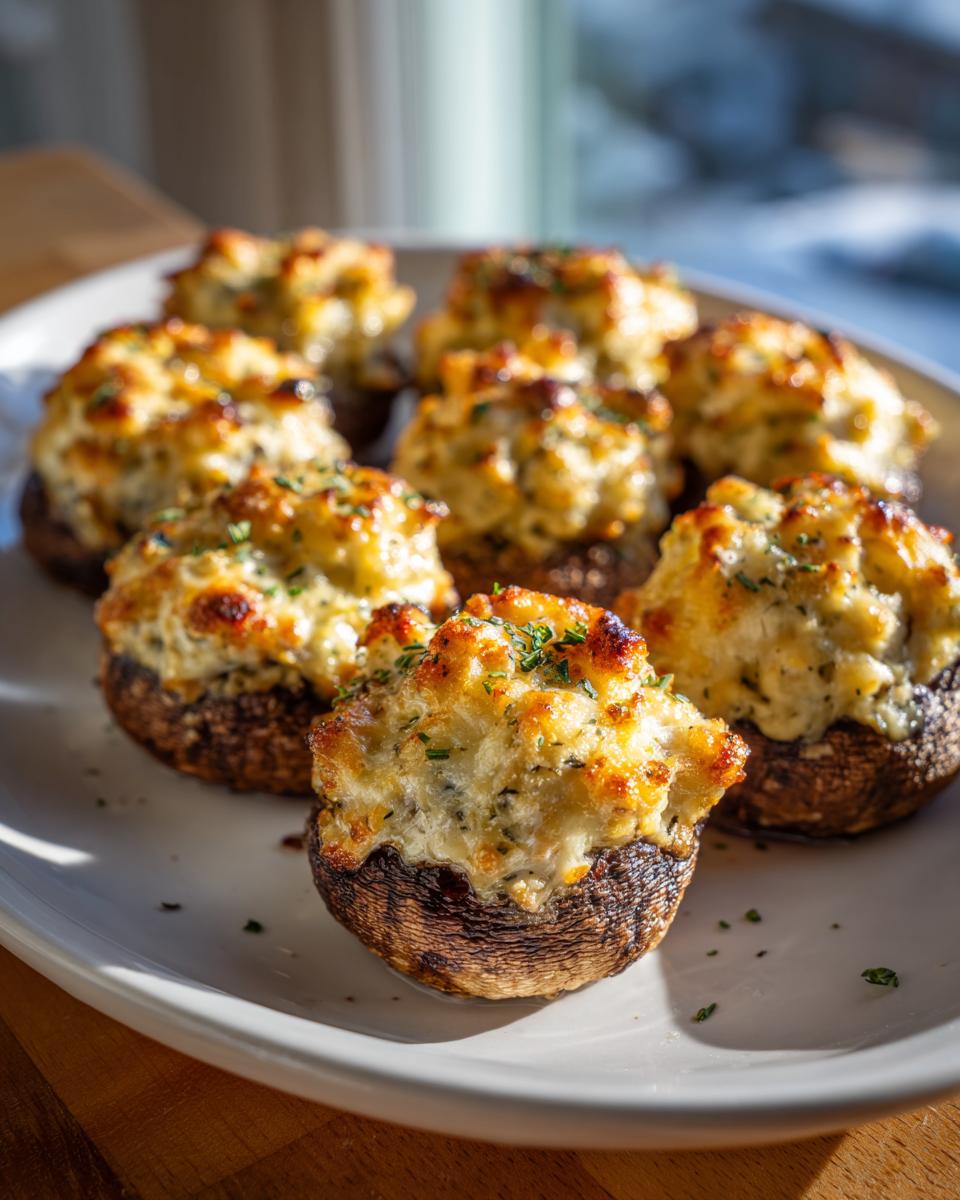 A close-up of several golden brown stuffed mushrooms recipe appetizers topped with melted, cheesy filling and herbs.