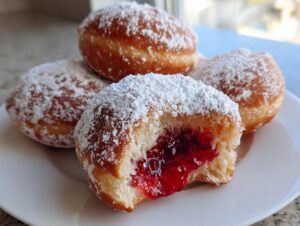 Close-up of several powdered sugar Sufganiyot, one bitten open to show bright red raspberry jam filling.