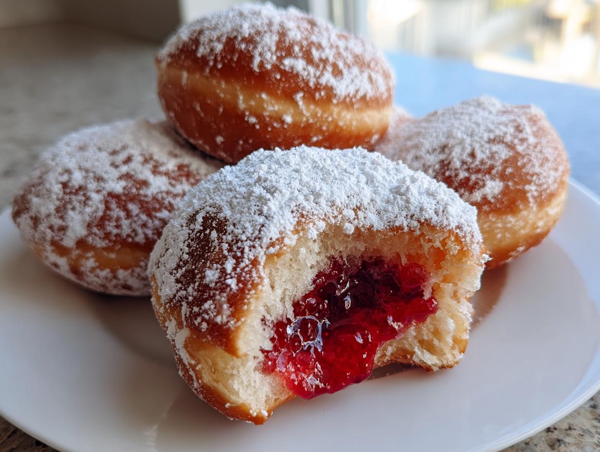 Close-up of several powdered sugar Sufganiyot, one bitten open to show bright red raspberry jam filling.