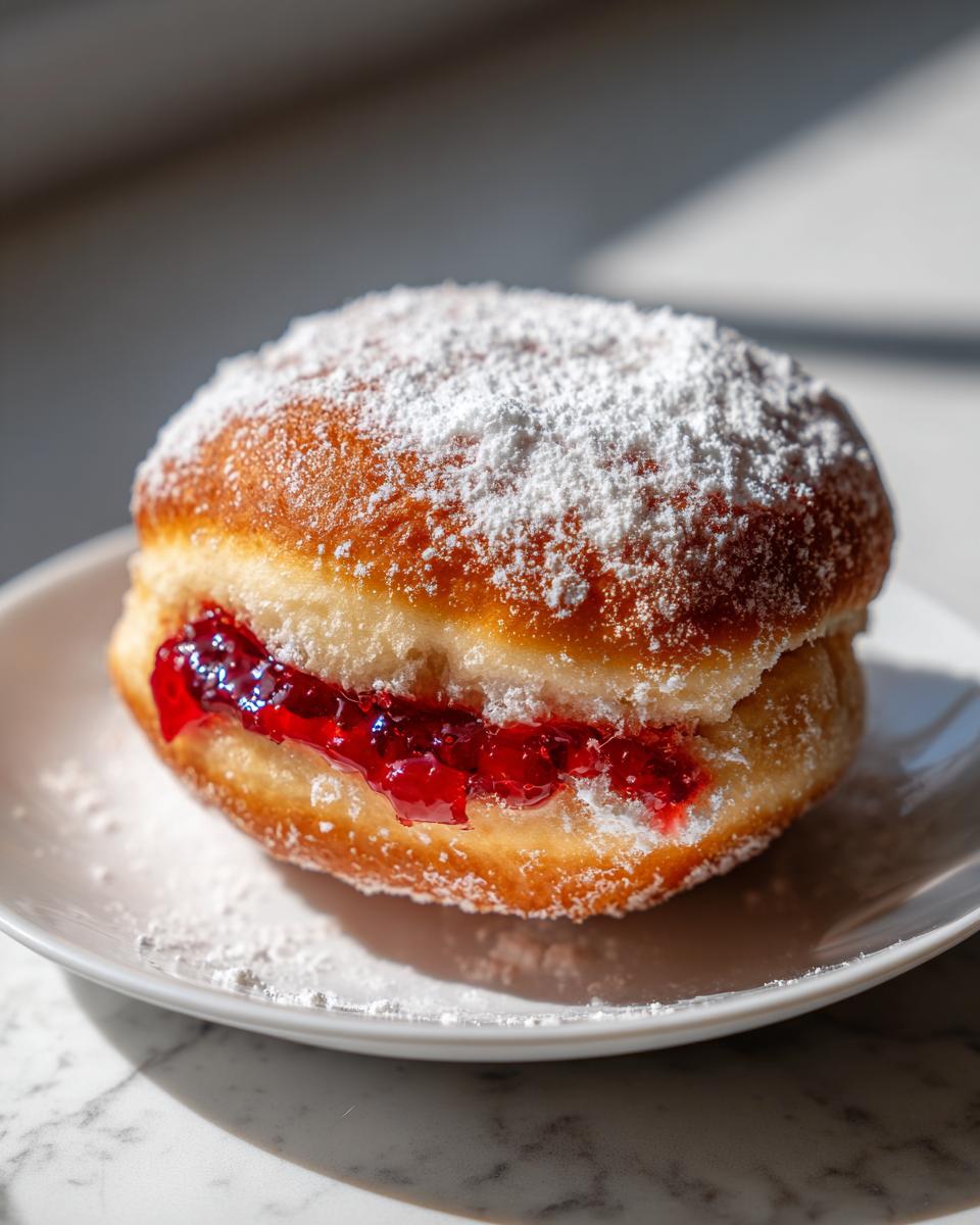 Close-up of a golden-brown, round Sufganiyot pastry filled with bright red jam and heavily dusted with powdered sugar.