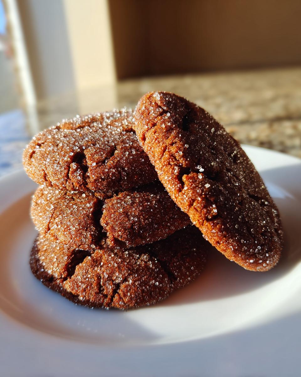 A stack of three dark, crinkled ginger molasses cookies generously coated in sparkling sugar, resting on a white plate.