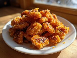 A mound of crunchy, golden-brown toffee chex mix generously coated in sparkling sugar crystals, served on a white plate.