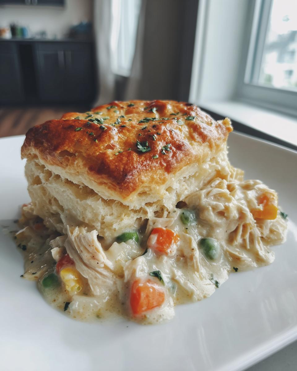 A close-up of a serving of creamy chicken pot pie casserole topped with a golden, flaky biscuit.