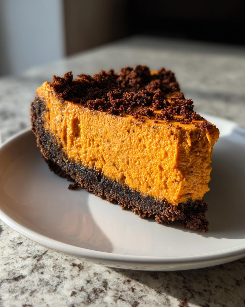 A close-up slice of vibrant orange sweet potato cheesecake with a dark chocolate crust and crumb topping.