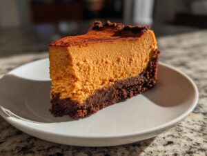 A rich, bright orange slice of sweet potato cheesecake with a dark chocolate crust, dusted with cocoa powder.