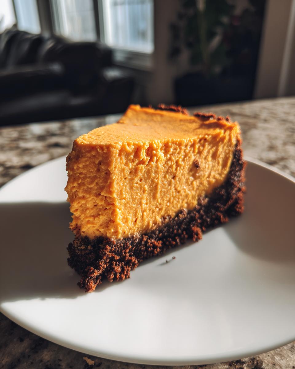A close-up of a thick slice of orange sweet potato cheesecake on a white plate with a dark chocolate crust.