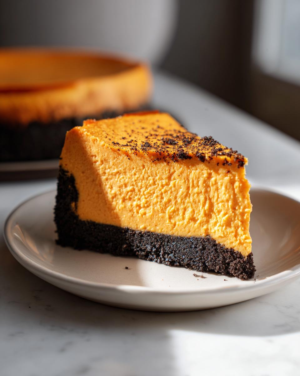 A rich slice of orange sweet potato cheesecake sits on a white plate, featuring a dark chocolate crust.