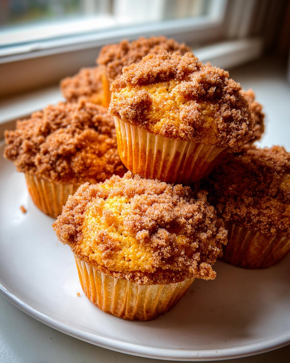 A stack of freshly baked sweet potato muffins topped with a thick cinnamon streusel topping, resting on a white plate.