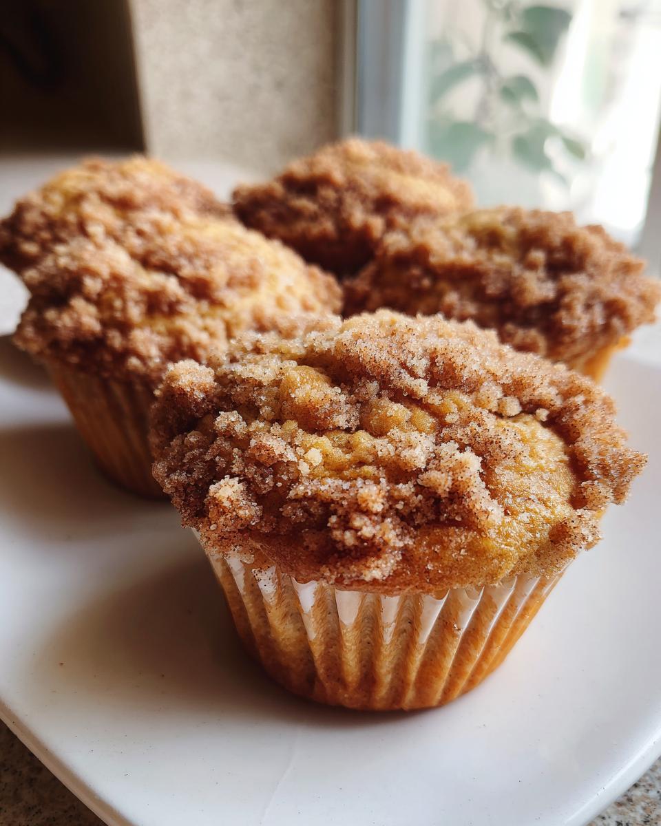 Four freshly baked sweet potato muffins with a thick cinnamon streusel topping, served on a white plate.