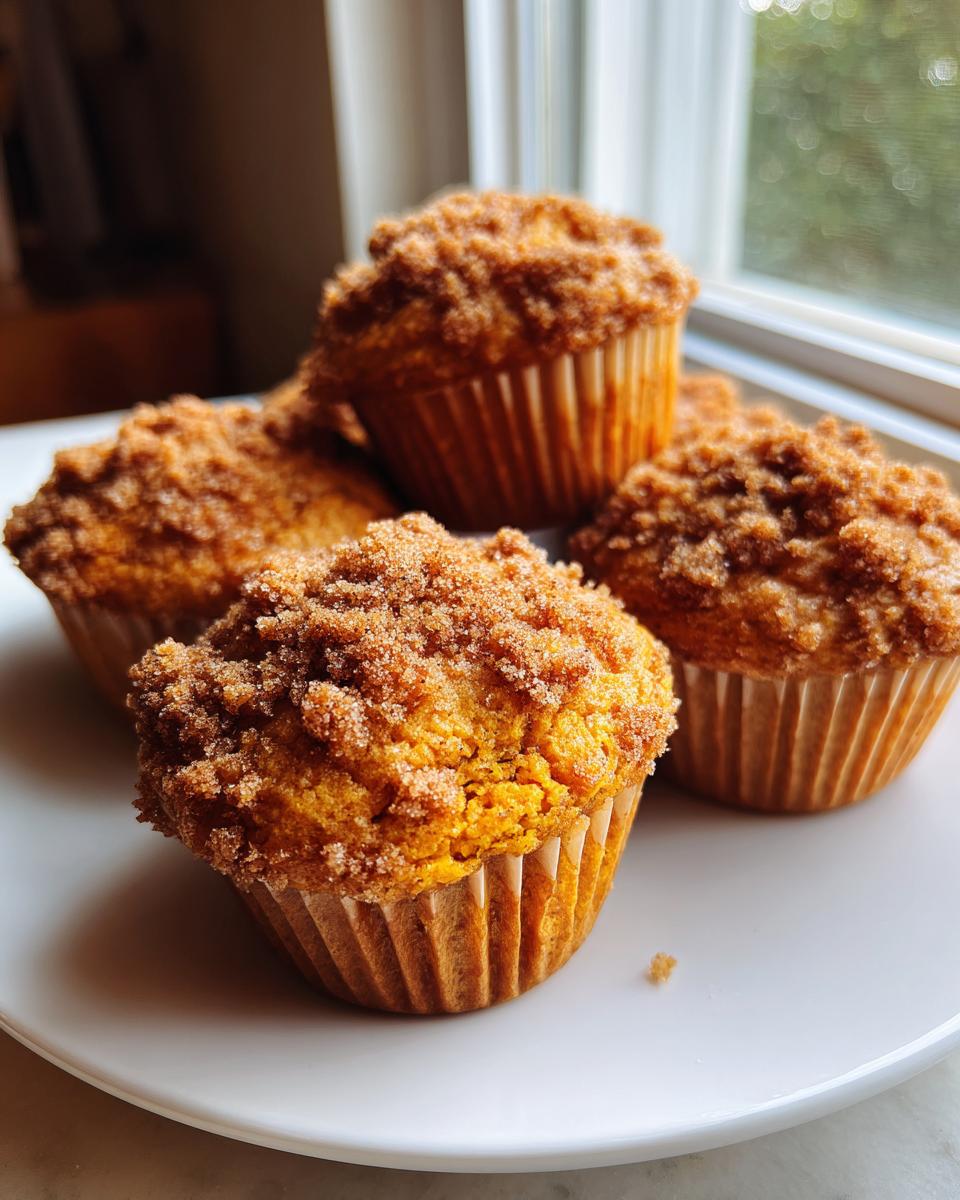 Four moist sweet potato muffins topped with a thick cinnamon sugar streusel, resting on a white plate near a window.